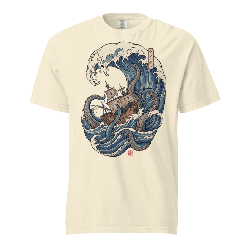 Kraken and the Galleon | Pirate Woodblock Shirt | Vintage Wave Tee - Ivory