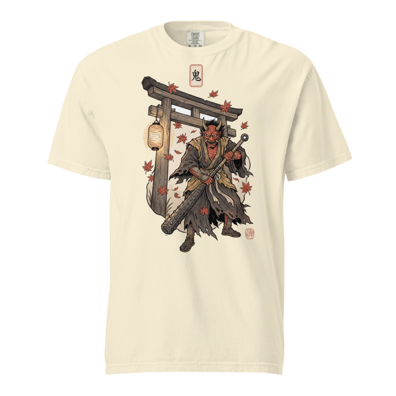 Oni at the Gate | Japanese Woodblock Shirt | Vintage Demon Mask Tee - Ivory