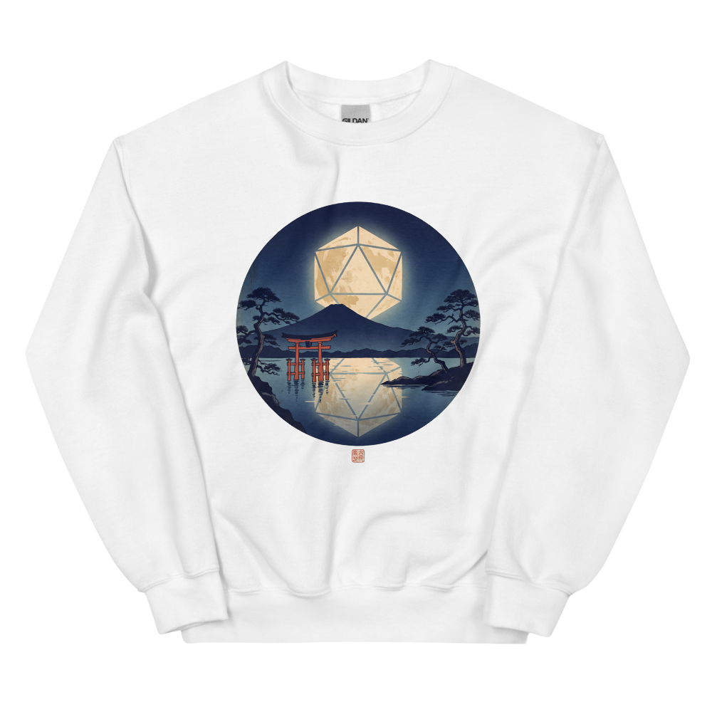 d20 Moon Rising | TTRPG Woodblock Night Shirt | Vintage Tee - Crewneck White