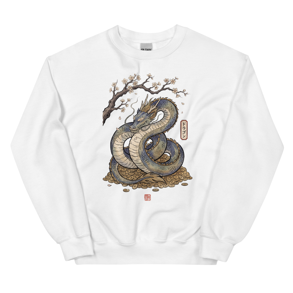 Sleeping Dragon Hoard | Fantasy Woodblock Shirt | Vintage Tee - Crewneck White