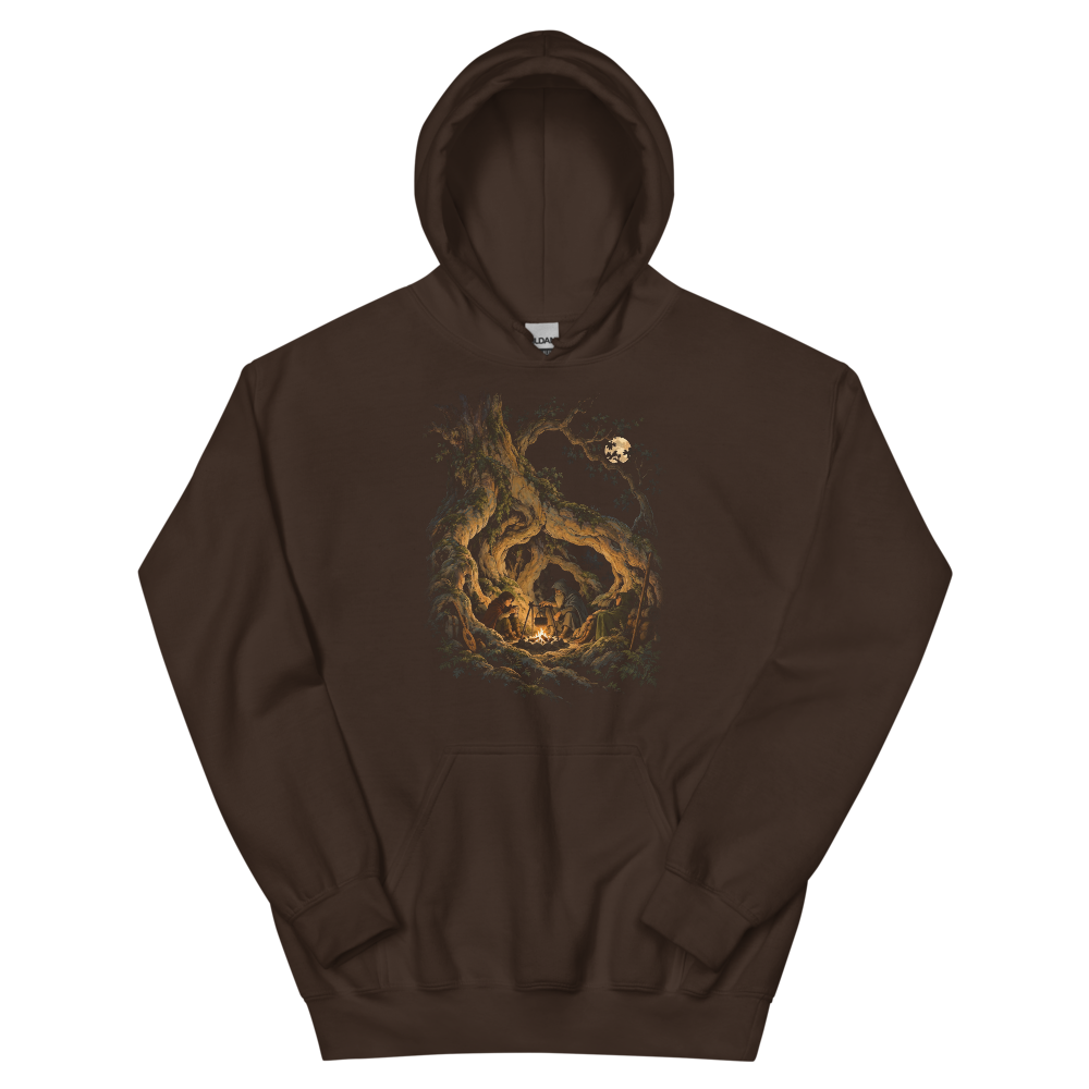 Fire Under the Great Tree | Retro Fantasy - Hoodie Dark Chocolate (scale corrected)