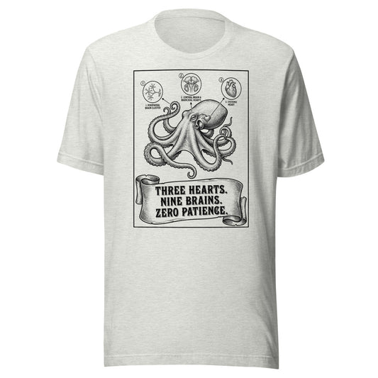 Octopus — Three Hearts. Nine Brains. Zero Patience. | Vintage Science Tee Ash flat lay