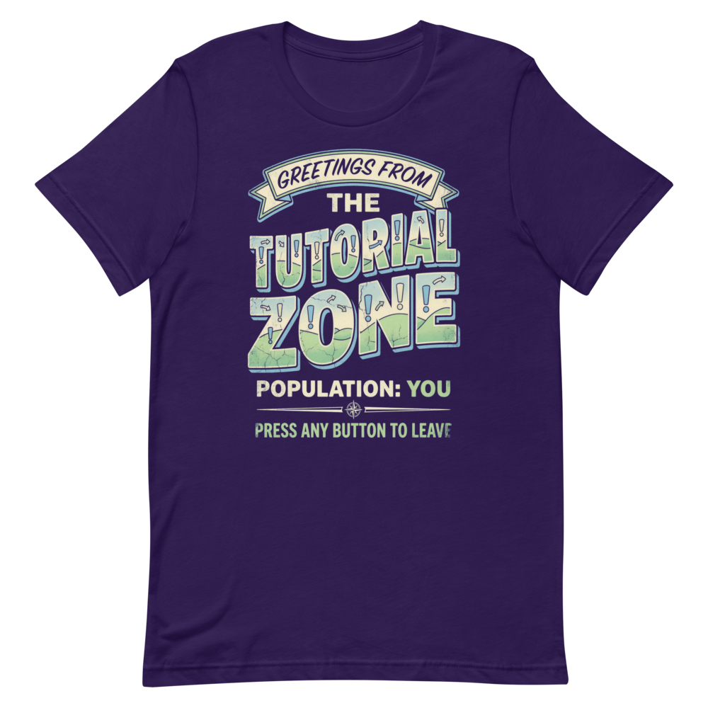 Greetings from the Tutorial Zone | Gamer Postcard Tee - Team Purple