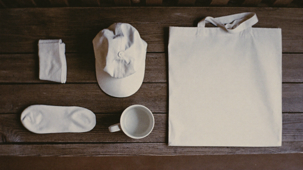 A flat lay of a plain cap, tote, socks and mug on weathered oak