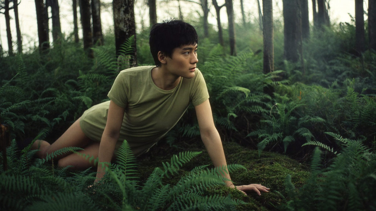 A figure crouched among ferns in an old growth forest at first light
