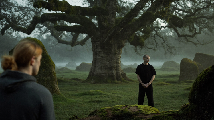 Two people in a misty oak forest at dawn, wearing plain dark tees and a hoodie