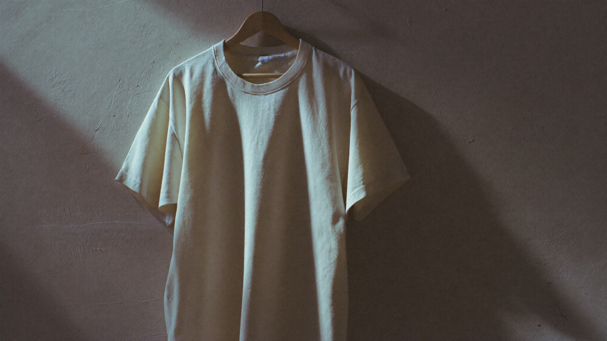 A single plain tee on a wooden hanger in raking side light
