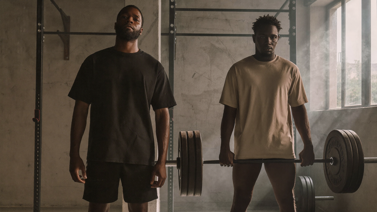 Two athletes in a raw concrete gym with barbells, plain heavyweight tees