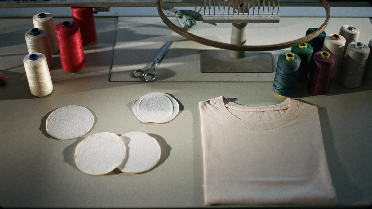 An embroidery bench with thread spools and blank felt patch blanks