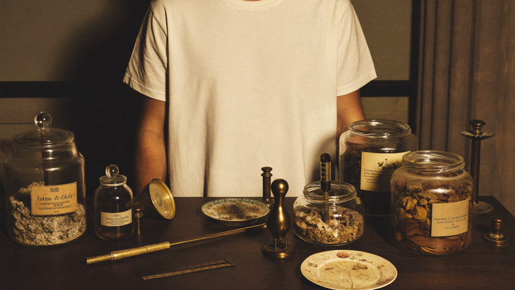 A natural history collection of specimen jars and brass instruments, plain cream tee
