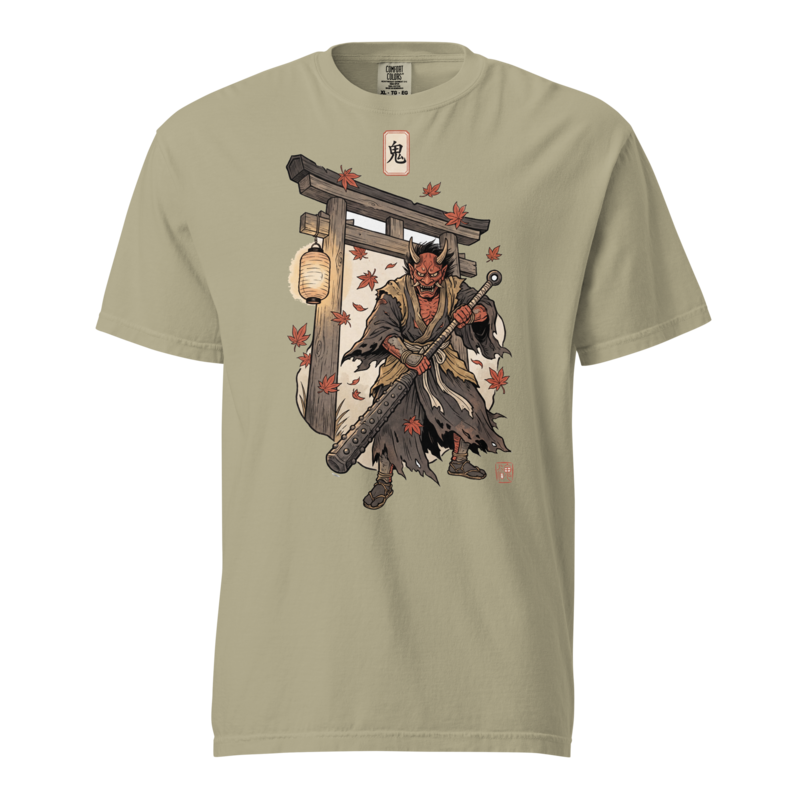 Oni at the Gate | Japanese Woodblock Shirt | Vintage Demon Mask Tee - Khaki