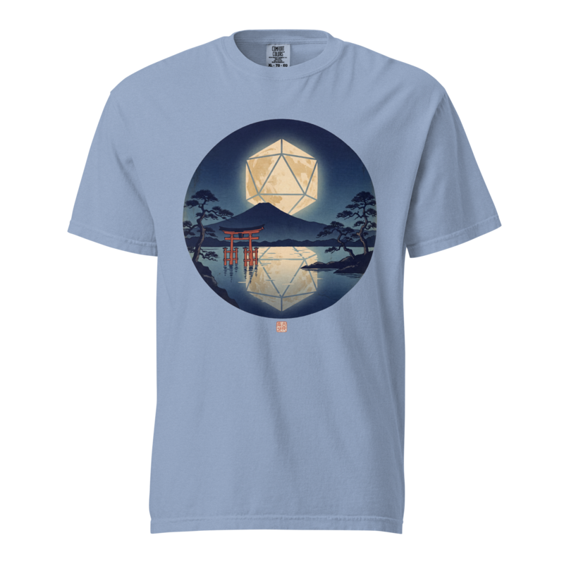 d20 Moon Rising | TTRPG Woodblock Night Shirt | Vintage Tee - Washed Denim