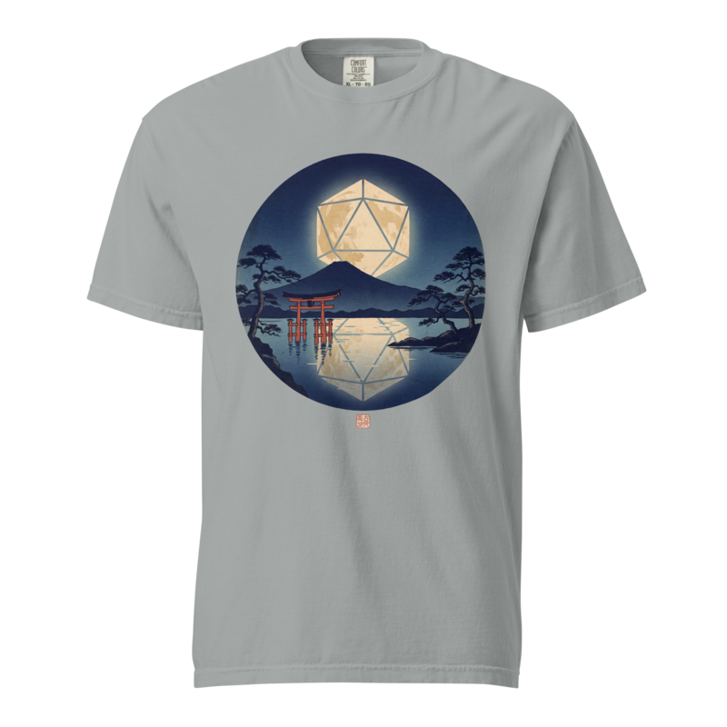 d20 Moon Rising | TTRPG Woodblock Night Shirt | Vintage Tee - Granite