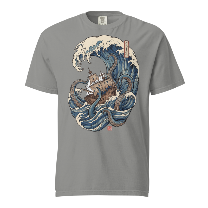 Kraken and the Galleon | Pirate Woodblock Shirt | Vintage Wave Tee - Grey