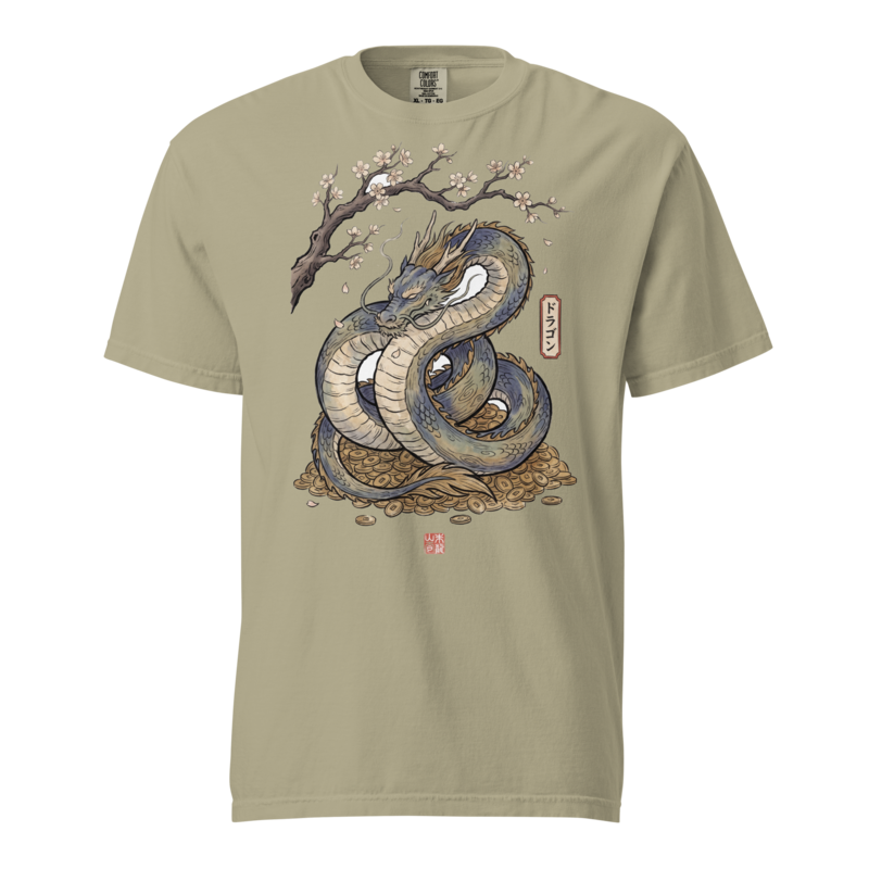 Sleeping Dragon Hoard | Fantasy Woodblock Shirt | Vintage Tee - Khaki