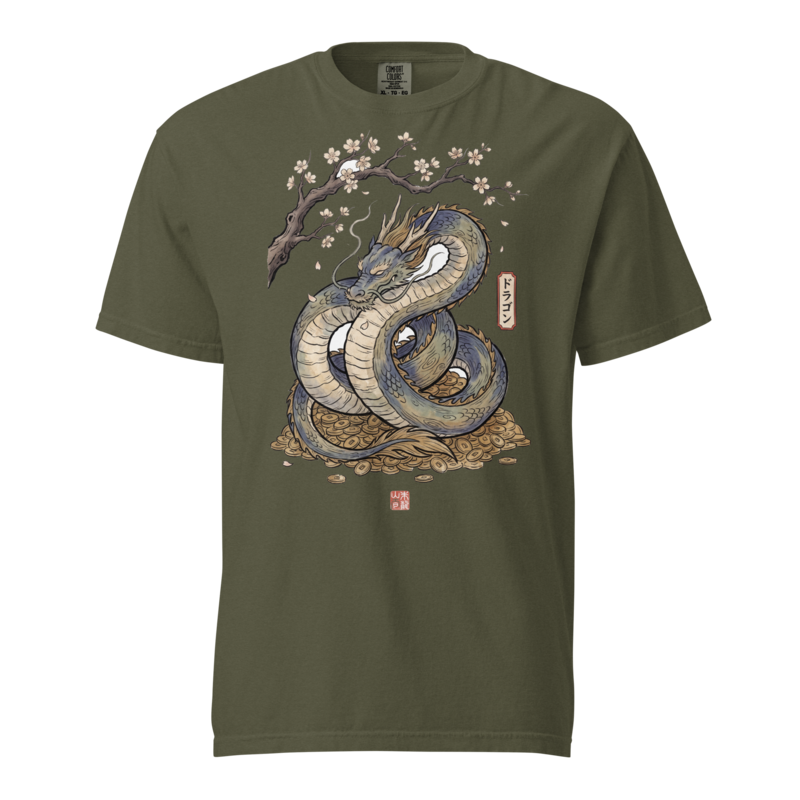 Sleeping Dragon Hoard | Fantasy Woodblock Shirt | Vintage Tee - Sage