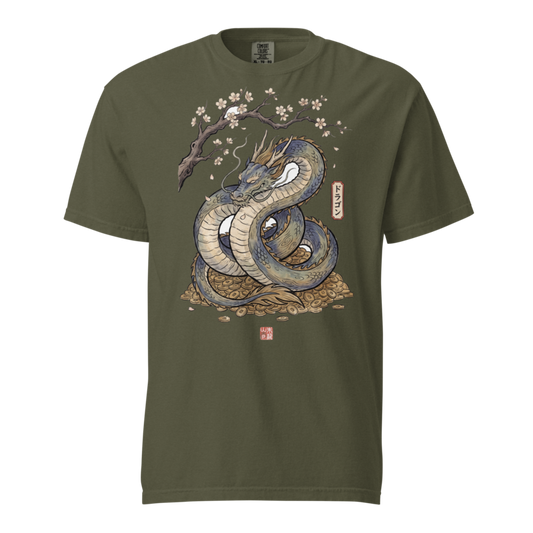 Sleeping Dragon Hoard | Fantasy Woodblock Shirt | Vintage Tee - Sage
