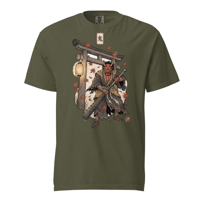 Oni at the Gate | Japanese Woodblock Shirt | Vintage Demon Mask Tee - Sage