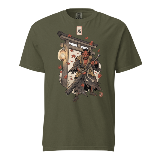 Oni at the Gate | Japanese Woodblock Shirt | Vintage Demon Mask Tee - Sage