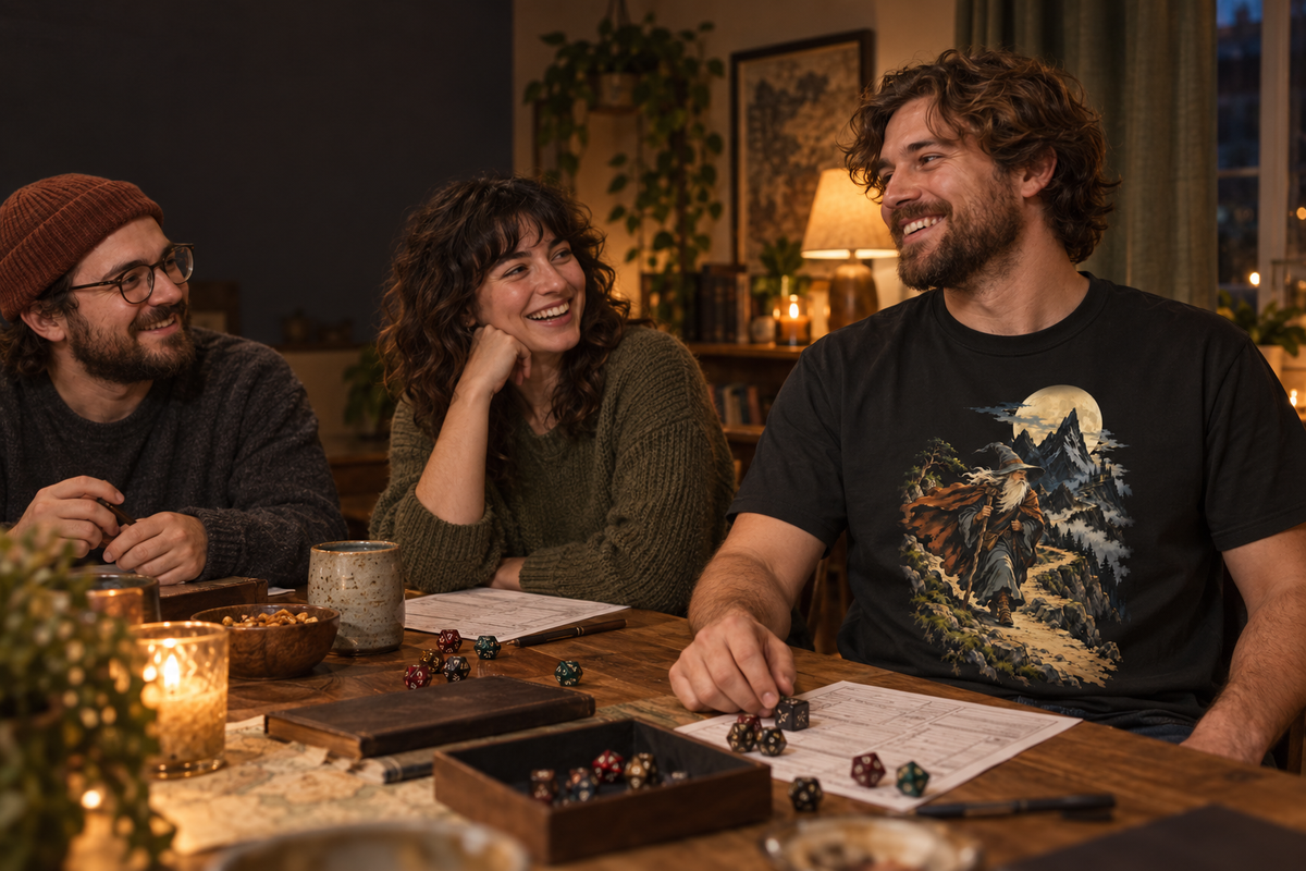 Illustrated game night with an adult wearing The Wandering Wizard black tee.