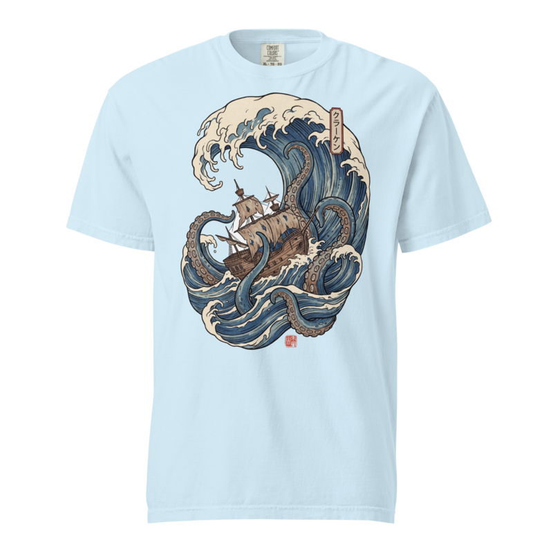 Kraken and the Galleon | Pirate Woodblock Shirt | Vintage Wave Tee - Chambray