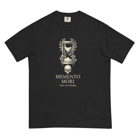 Memento Mori (Train Accordingly) design on a tee, flat lay