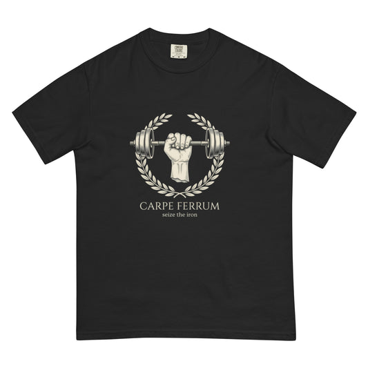 Carpe Ferrum: Seize the Iron design on a tee, flat lay