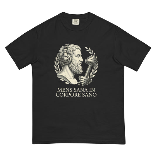 Mens Sana in Corpore Sano design on a tee, flat lay