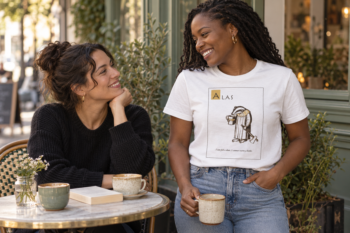 Illustrated cafe date with an adult wearing the white Alas: The Tea Is Cold tee.