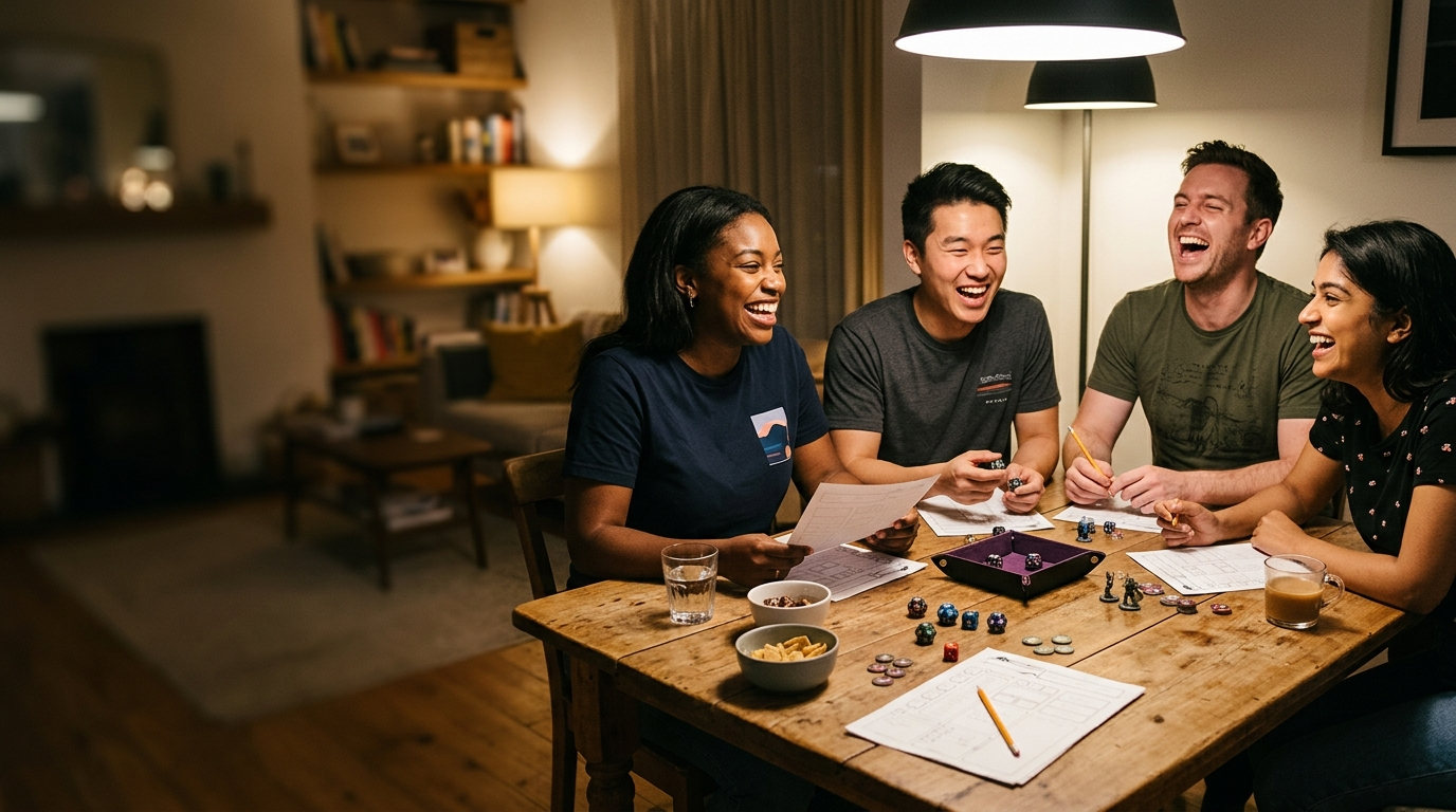 Friends around a game night table wearing Subtle Nerd shirts