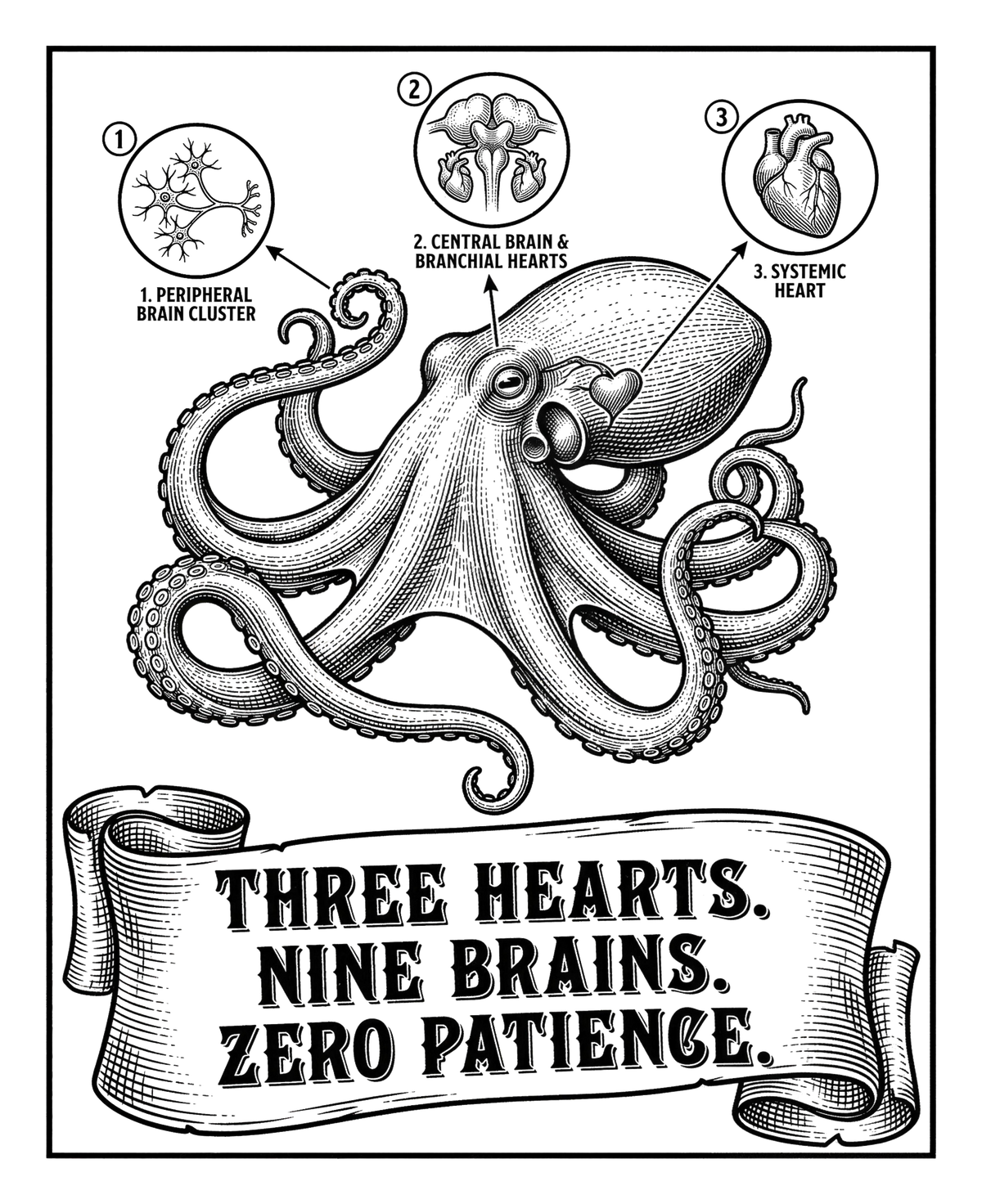 Octopus: Three Hearts, Nine Brains | Kiss-Cut Sticker