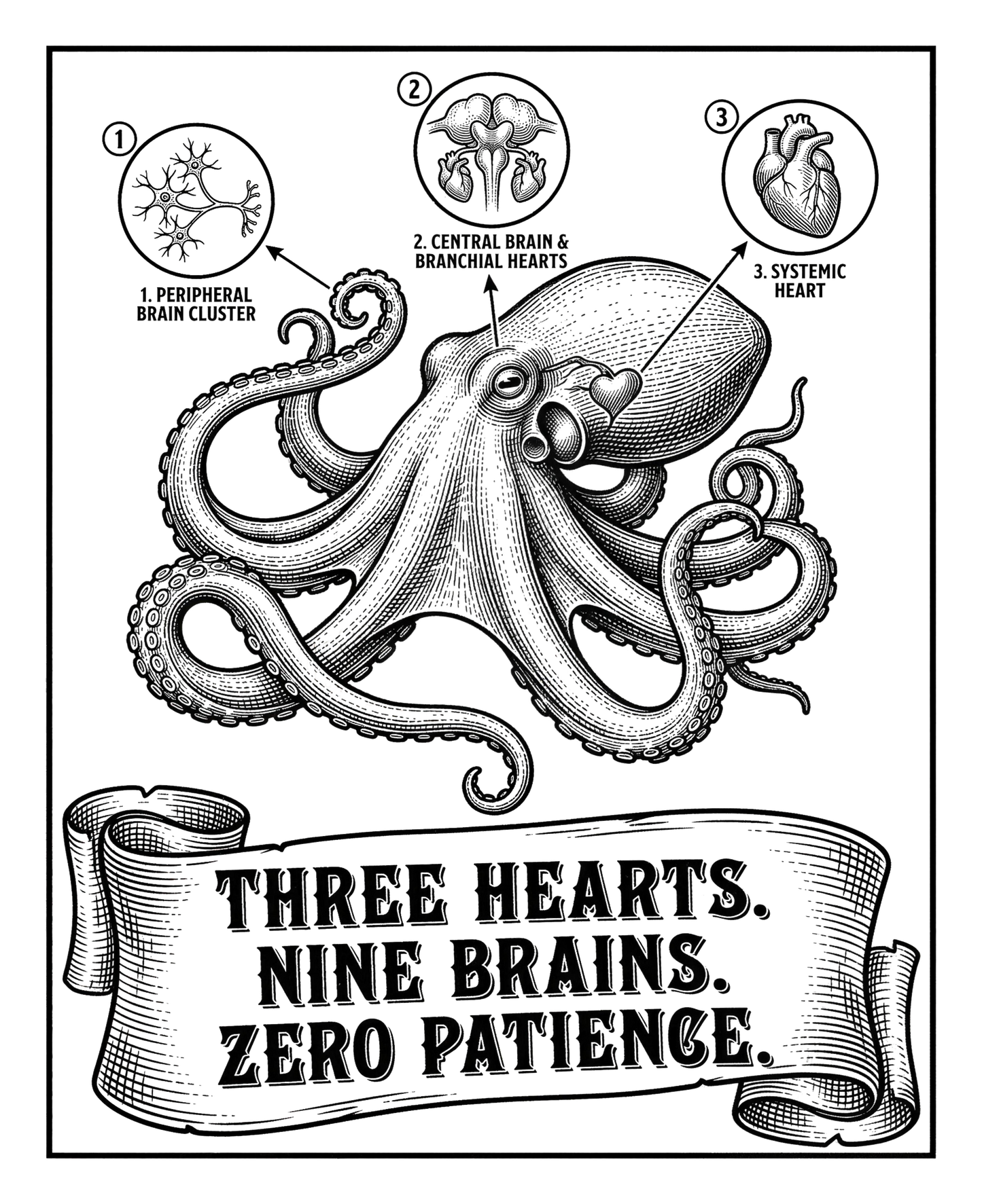 Octopus: Three Hearts, Nine Brains | Kiss-Cut Sticker