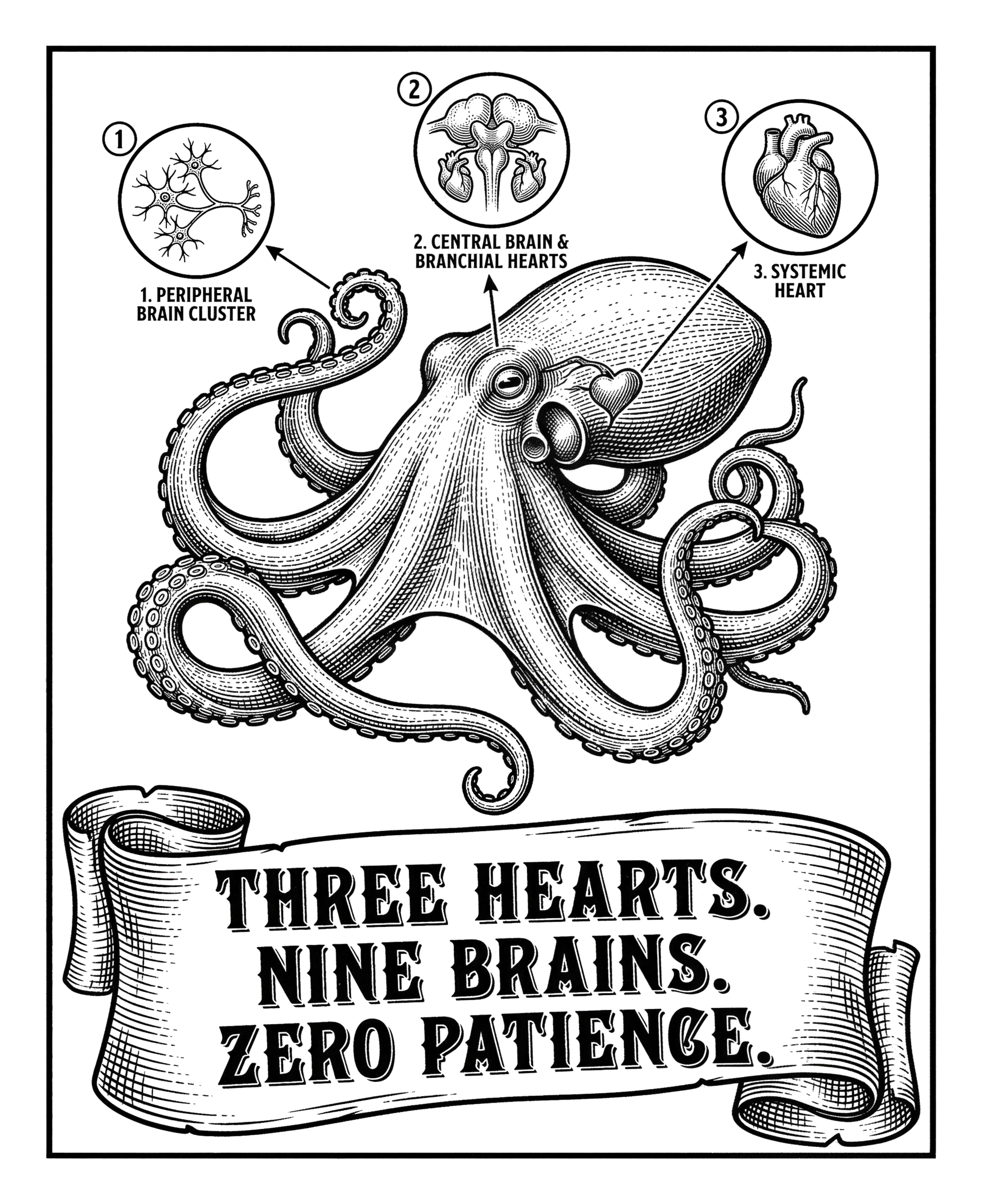 Octopus: Three Hearts, Nine Brains | Kiss-Cut Sticker