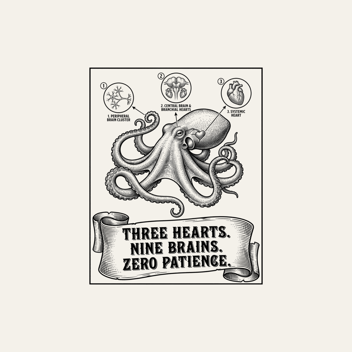 Octopus: Three Hearts. Nine Brains. Zero Patience. | Vintage Science Tee design artwork
