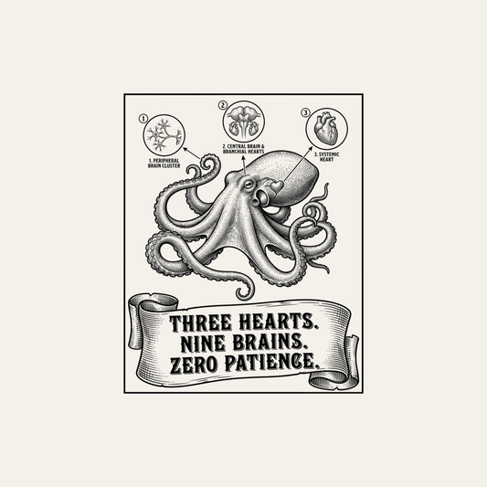 Octopus: Three Hearts. Nine Brains. Zero Patience. | Vintage Science Tee design artwork