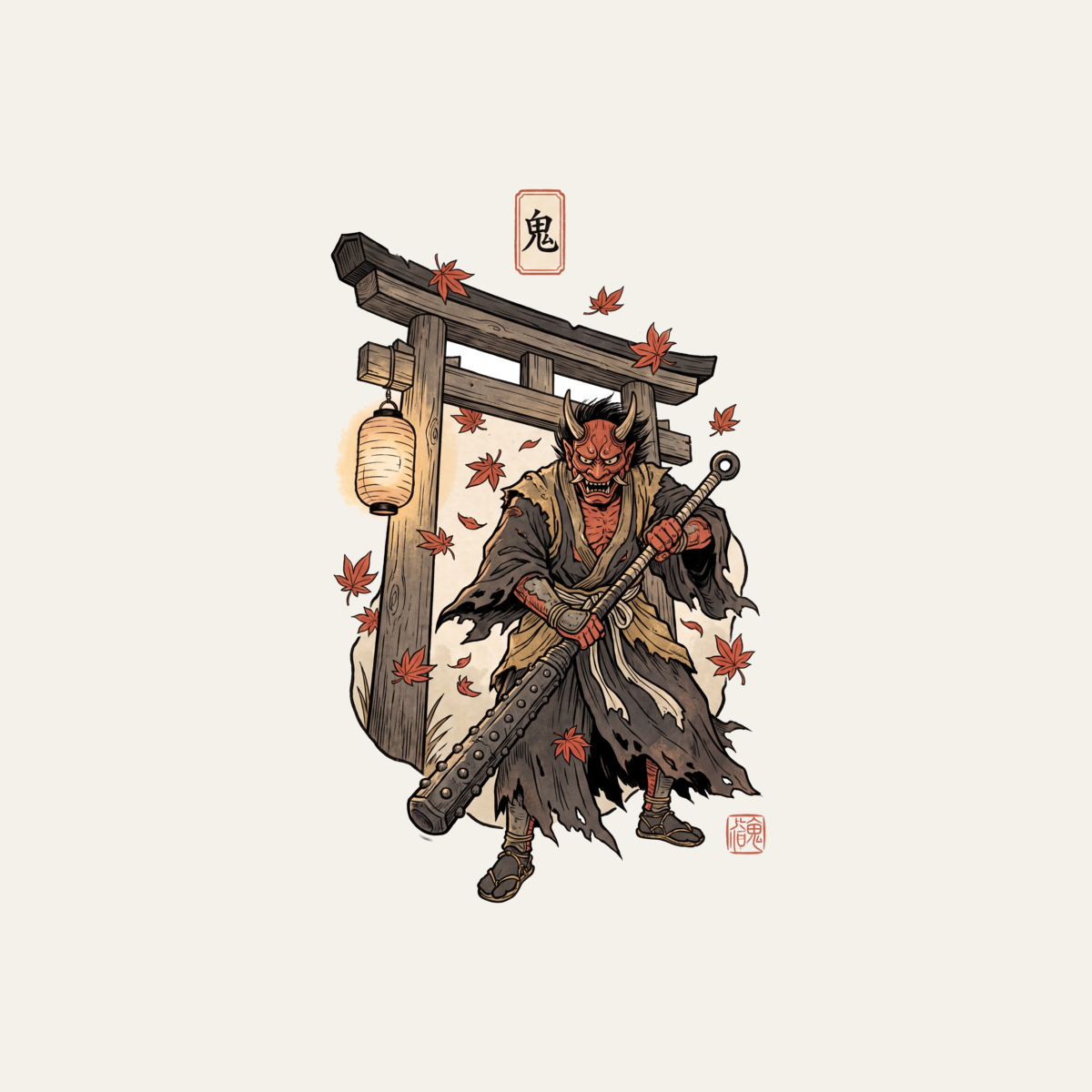 Oni at the Gate | Japanese Woodblock Shirt | Vintage Demon Mask Tee design artwork