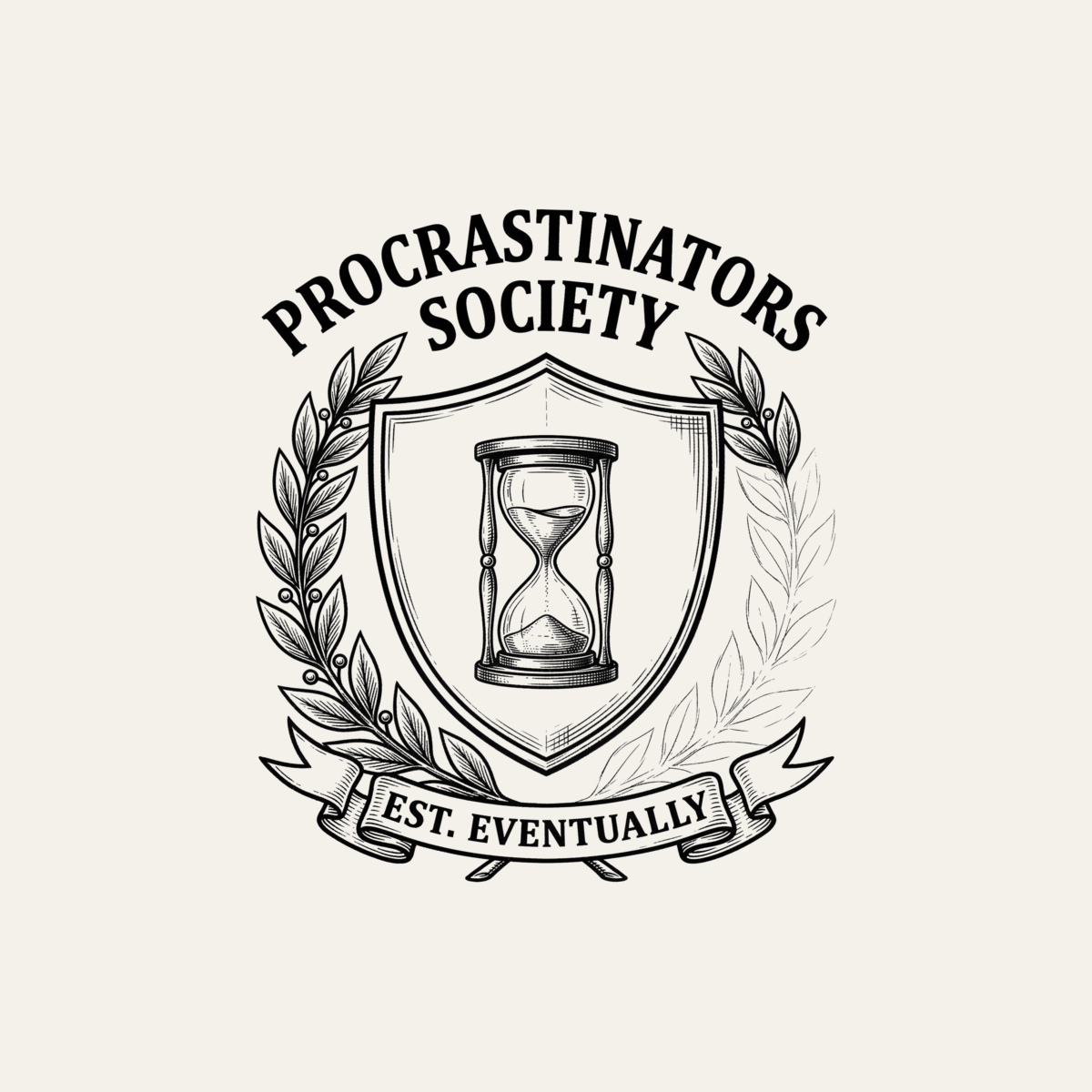 Procrastinators Society: Est. Eventually | Crest Tee design artwork