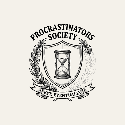 Procrastinators Society: Est. Eventually | Crest Tee design artwork