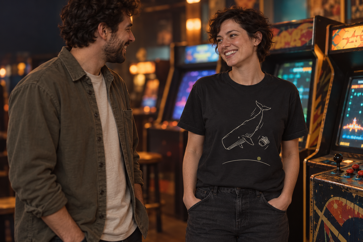 Illustrated arcade outing with an adult wearing the black Improbable Arrival tee.