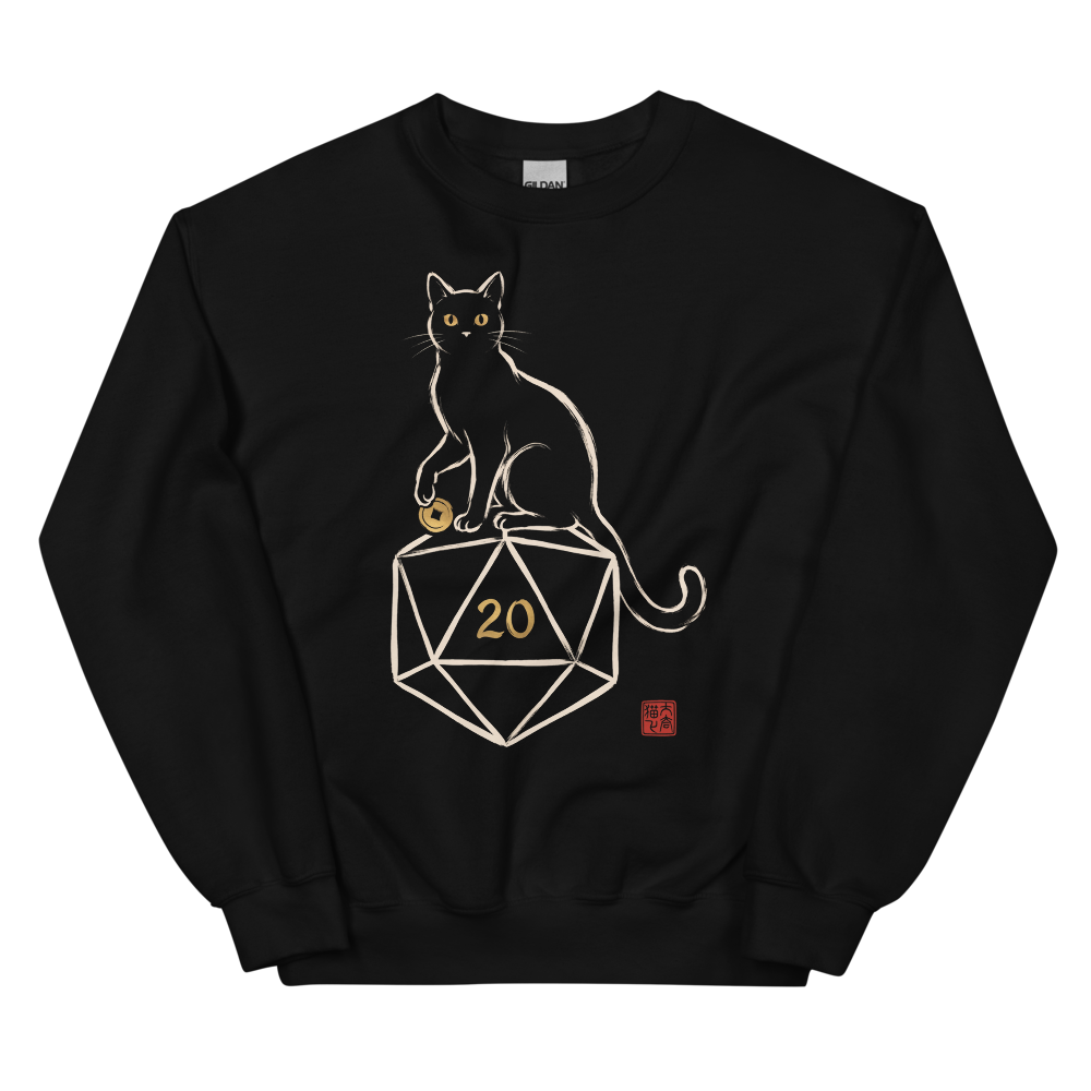 The Familiar | Cat and d20 Sumi-e Ink Shirt | TTRPG Tee - Crewneck Black