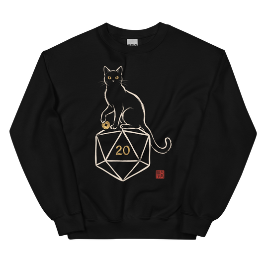 The Familiar | Cat and d20 Sumi-e Ink Shirt | TTRPG Tee - Crewneck Black