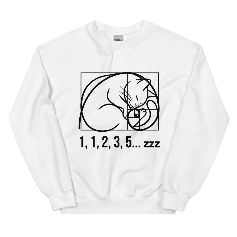 Fibonacci Cat: 1, 1, 2, 3, 5... zzz | Math Cat Tee - Crewneck White