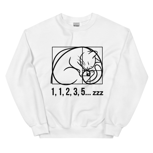 Fibonacci Cat: 1, 1, 2, 3, 5... zzz | Math Cat Tee - Crewneck White