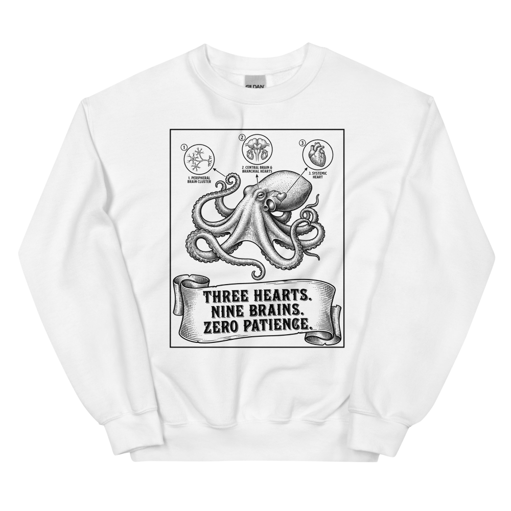 Octopus: Three Hearts. Nine Brains. Zero Patience. | Vintage Science - Crewneck White