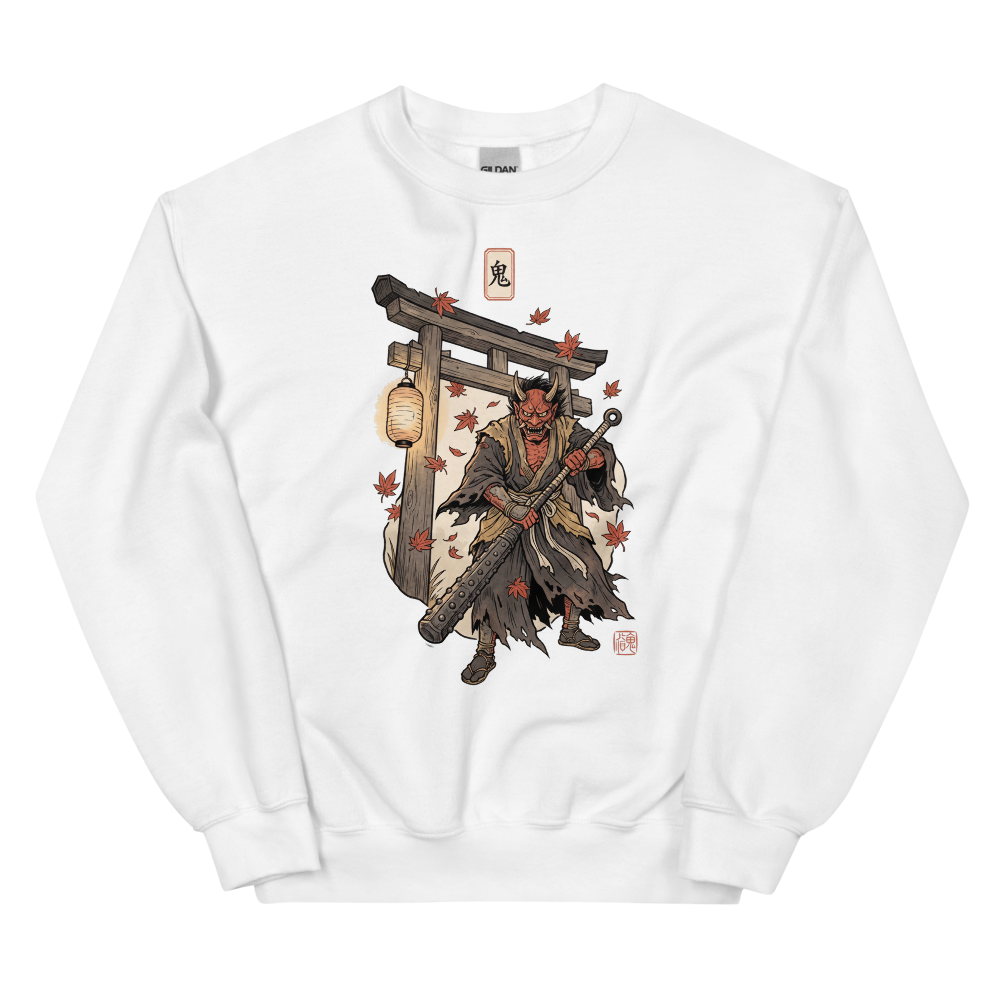Oni at the Gate | Japanese Woodblock Shirt | Vintage Demon Mask Tee - Crewneck White