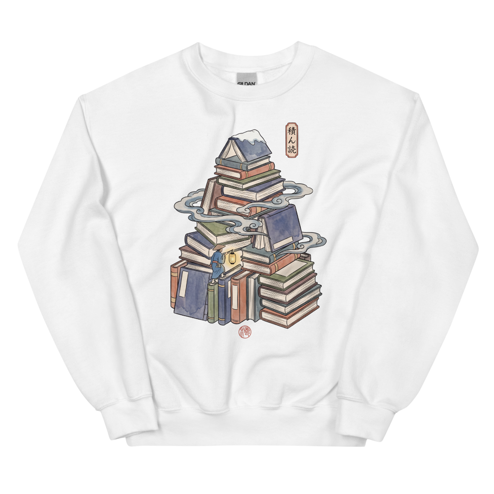 TBR Mountain (Tsundoku) | Bookish Woodblock Shirt | Vintage Reader Tee - Crewneck White