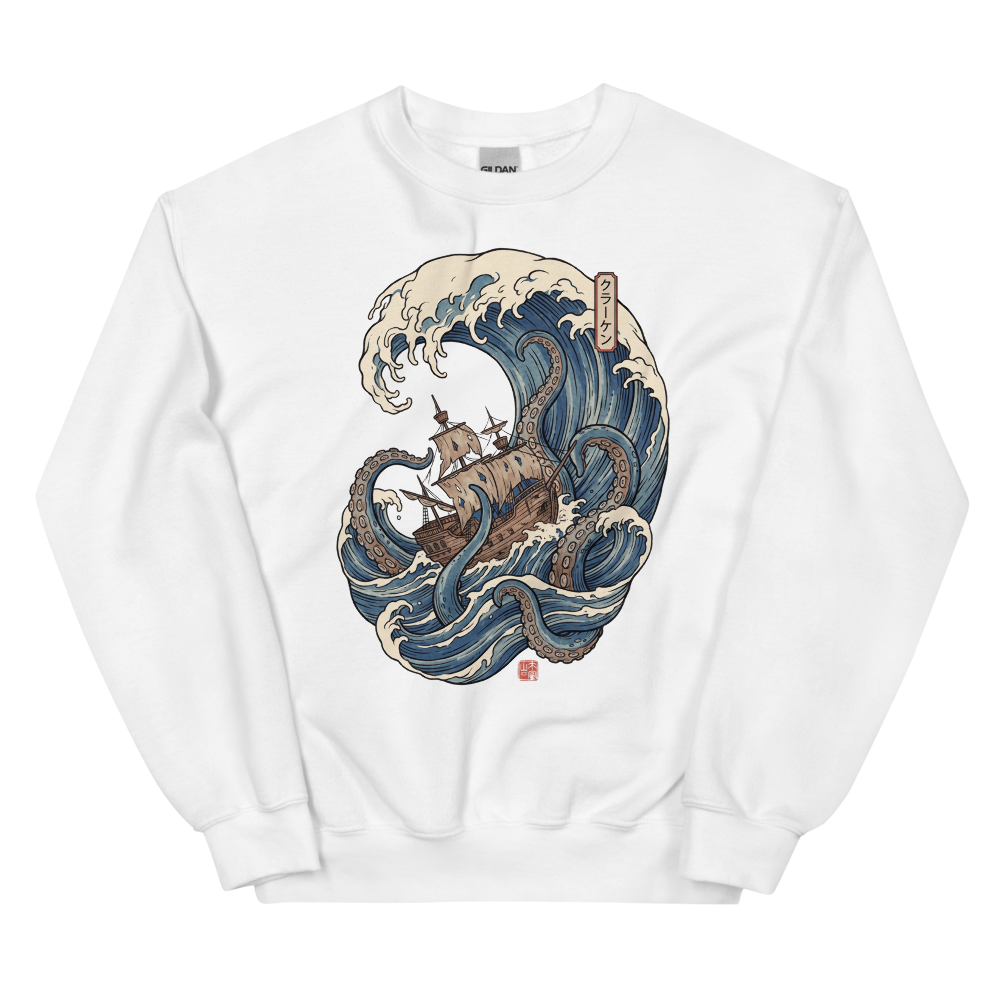 Kraken and the Galleon | Pirate Woodblock Shirt | Vintage Wave Tee - Crewneck White