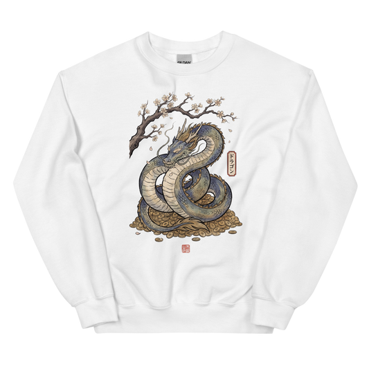 Sleeping Dragon Hoard | Fantasy Woodblock Shirt | Vintage Tee - Crewneck White