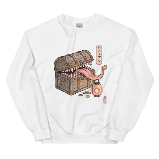 The Mimic | TTRPG Monster Woodblock Shirt | Vintage Tee - Crewneck White