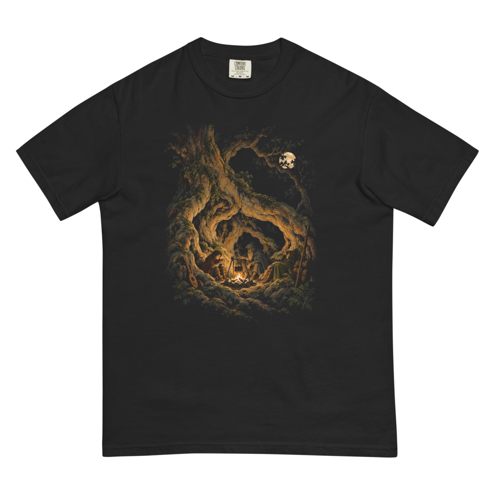 Fire Under the Great Tree | Retro Fantasy - Tee Black (artwork corrected)